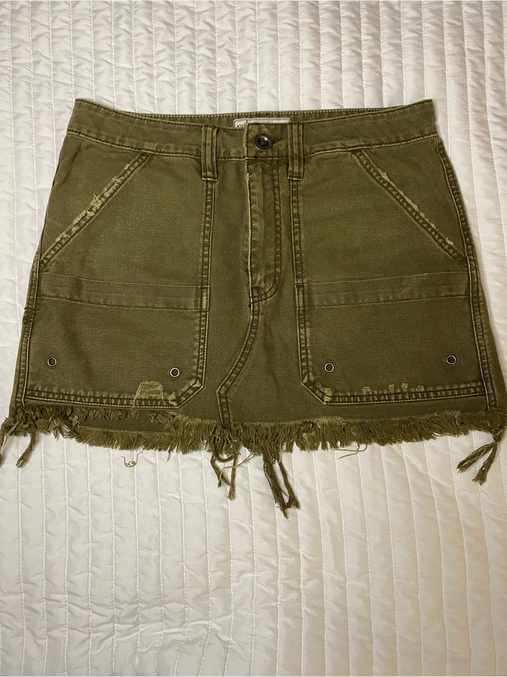 Free People Olive Green Frayed-Hem Utility Mini Skirt